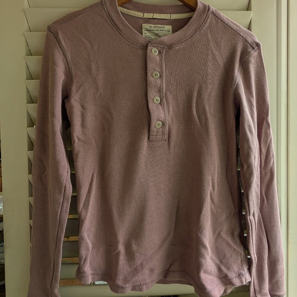Women S REI Co-Op Farlands Henley Purple Long Slv Top Shirt Organic Cotton Hemp - Picture 3 of 6